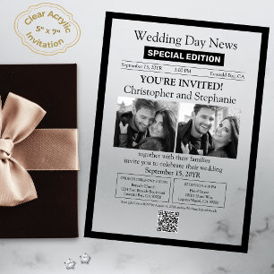 2 Photo Classic Typography Newspaper Wedding Acrylic Invitations