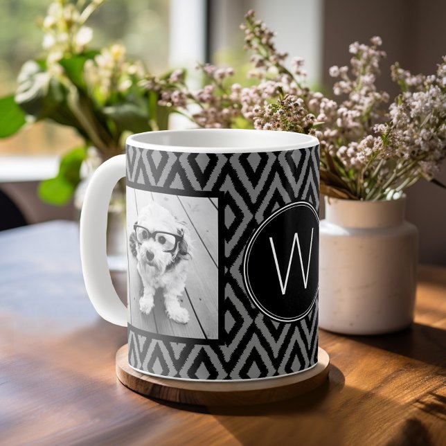 2 Photo Collage - Black Grey Ikat and Monogram Coffee Mug (Personalized Coffee Mug)