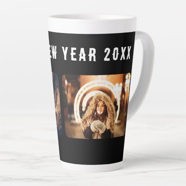 2 Photo Collage Black Happy New Year 2023  Latte Mug (Right Angle)