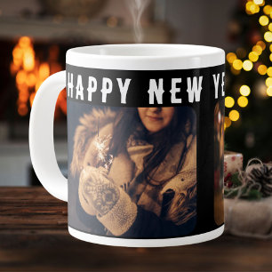 2 Photo Collage Black Happy New Year 2026  Large Coffee Mug
