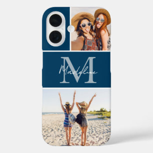 2 Photo Collage Blue Monogrammed iPhone 16 Case