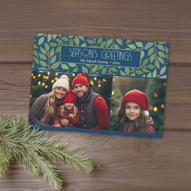 2 Photo Collage Botanical Season's Greetings Navy Holiday Card (2 Photo Modern Christmas Card - art deco botanical blue background - download option available)