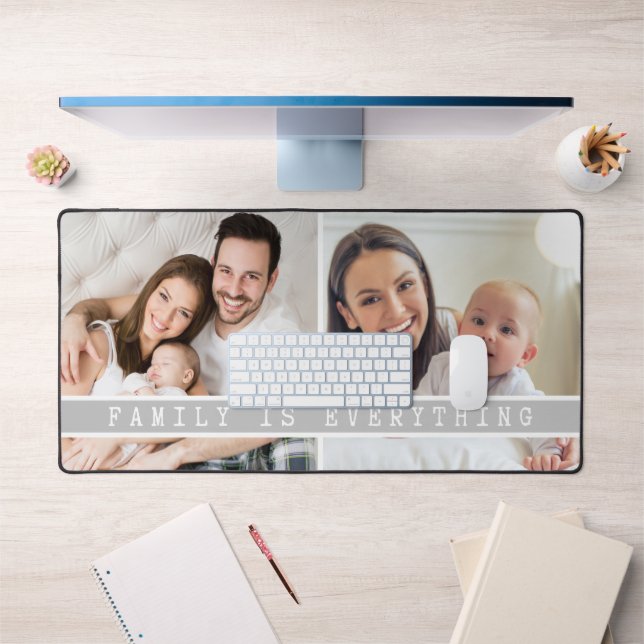 2 Photo Collage Family Is Everything Quote Grey Desk Mat (Office 1)