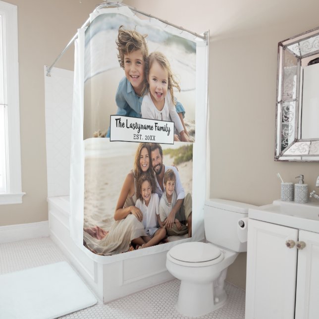 2 Photo Collage Family Name - Horizontal Pics Shower Curtain (In Situ)