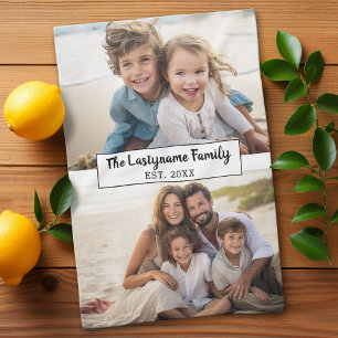 2 Photo Collage Family Name - Horizontal Pics Tea Towel