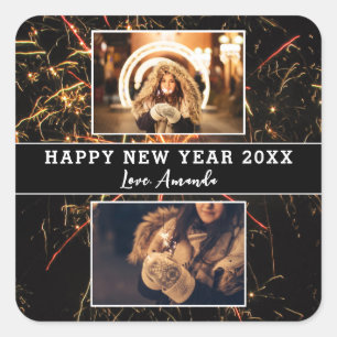 2 Photo Collage Firework Happy New Year 2023 Square Sticker