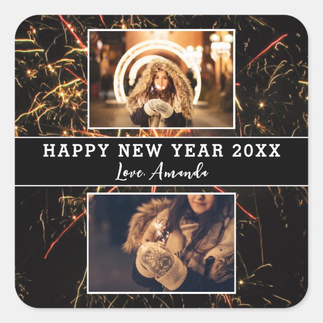 2 Photo Collage Firework Happy New Year 2023 Square Sticker (Front)