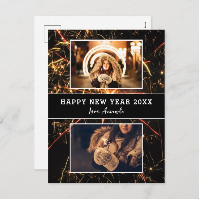 2 Photo Collage Firework Happy New Year Holiday Postcard (Front/Back)