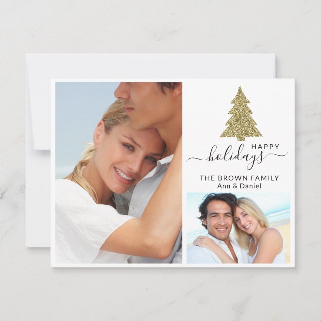 2 Photo Collage Gold Glitter Christmas Tree Happy Holiday Card (Front)