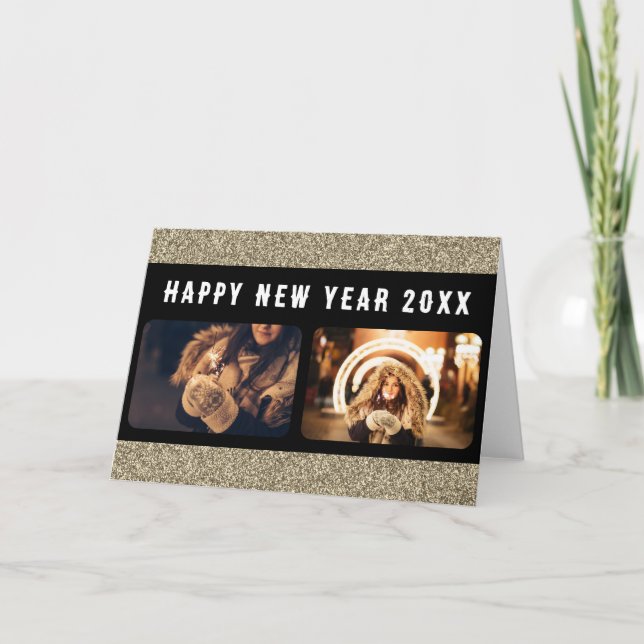 2 Photo Collage Gold Glitter Happy New Year 2023  Holiday Card (Front)
