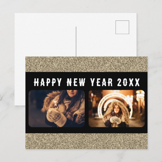 2 Photo Collage Gold Glitter Happy New Year 2026 Holiday Postcard (Front/Back)