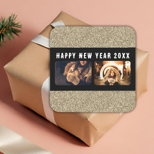 2 Photo Collage Gold Glitter Happy New Year 2026 Square Sticker