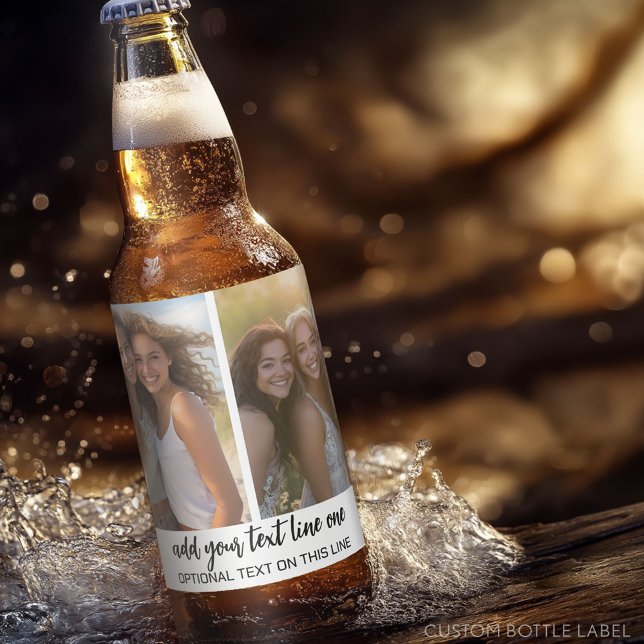 2 Photo Collage Grid - Text On Bottom - White Beer Bottle Label (Custom Beer Bottle Label - Photo Label)