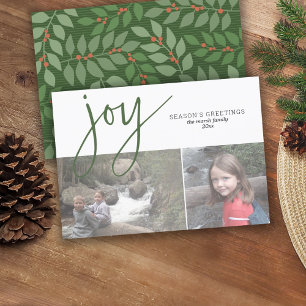 2 Photo Collage Joy Script Season's Greeting Olive Holiday Card