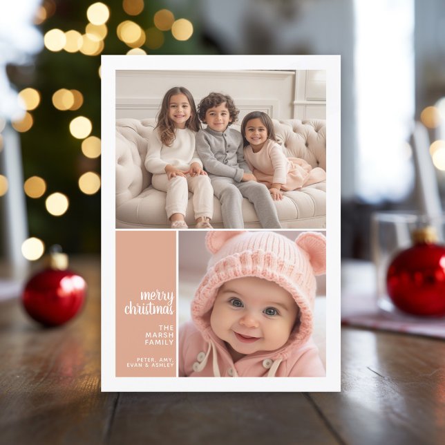 2 Photo Collage Minimal Christmas coral christmas Holiday Card (Modern, minimal Christmas Greeting card with 2 photos, color block and simple script text.)