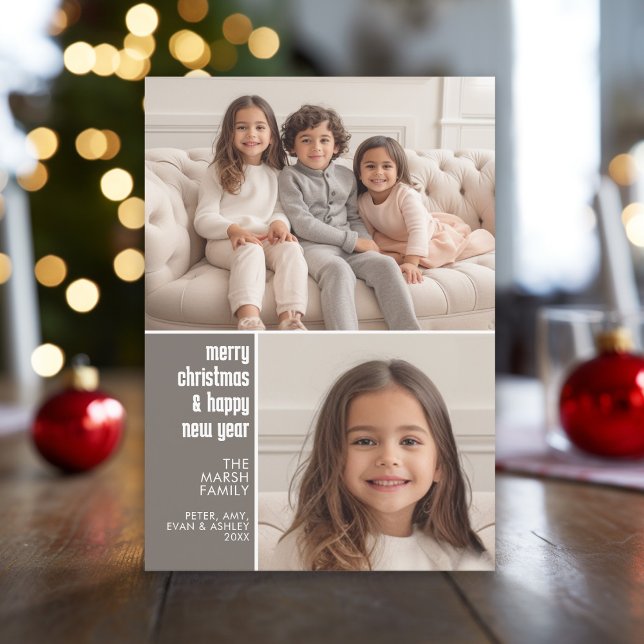 2 Photo Collage Minimal Christmas taupe christmas Holiday Card (Colorblock Christmas Card with 2 photos and a neutral background.)