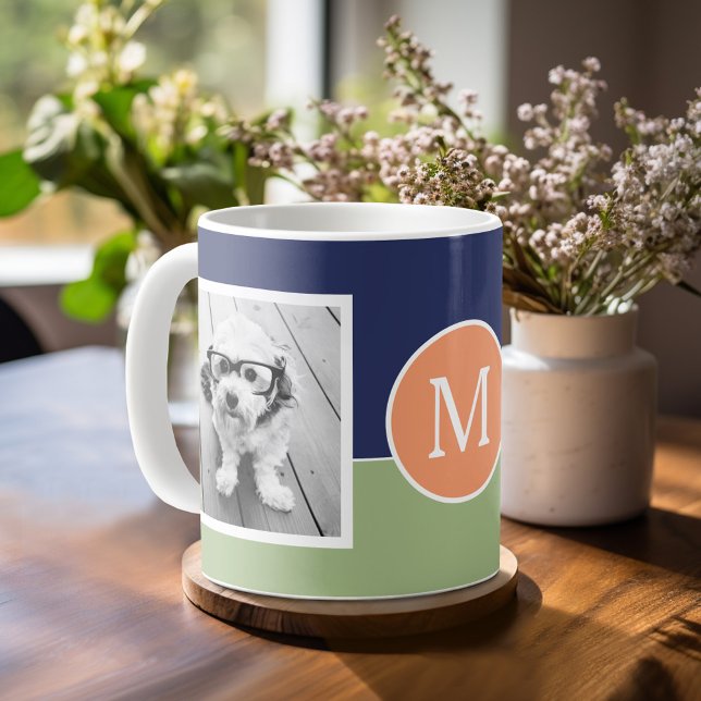 2 Photo Collage Monogram - Modern Colour Block Coffee Mug (Custom photo mug)
