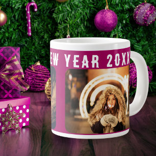 2 Photo Collage Purple Happy New Year 2025 Large Coffee Mug