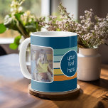 2 Photo Collage - retro stripes blue rainbow Coffee Mug<br><div class="desc">Use two square photos to create a unique and personal gift. The centre includes an area to add your custom text - Best Grandpa Ever --- or whatever text you want!</div>