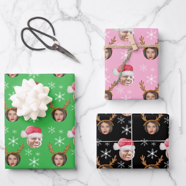2 Photo Collage Santa and Reindeer Wrapping Paper Sheet (Front)