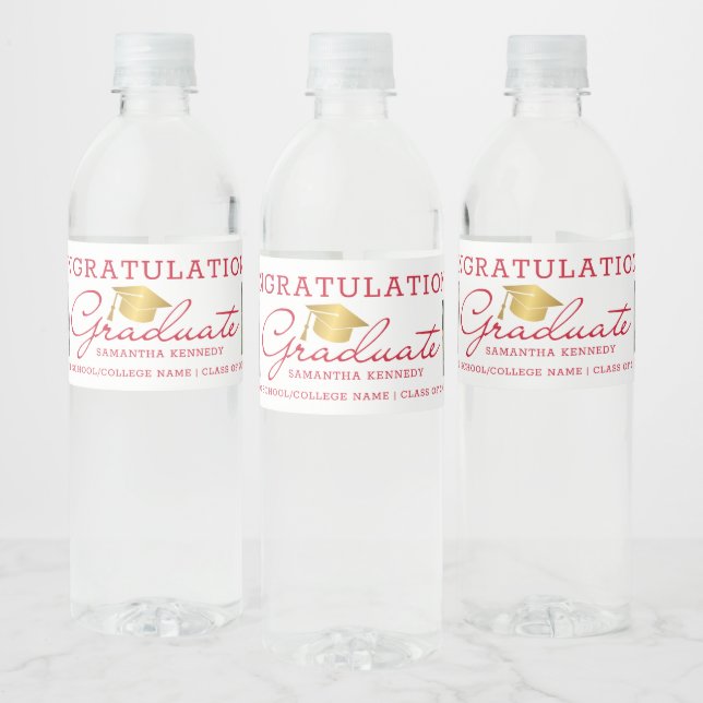  2 Photo Congrats 2025 Graduate Red Gold White Water Bottle Label (Bottles)