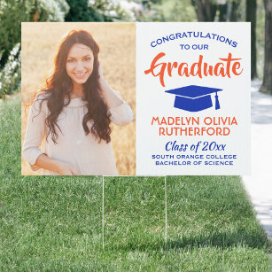 2 Photo Congrats Orange and Blue Graduation Yard Garden Sign