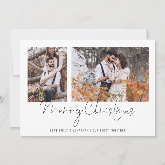 2 Photo Couple First Together Merry Christmas Holiday Card (Front)