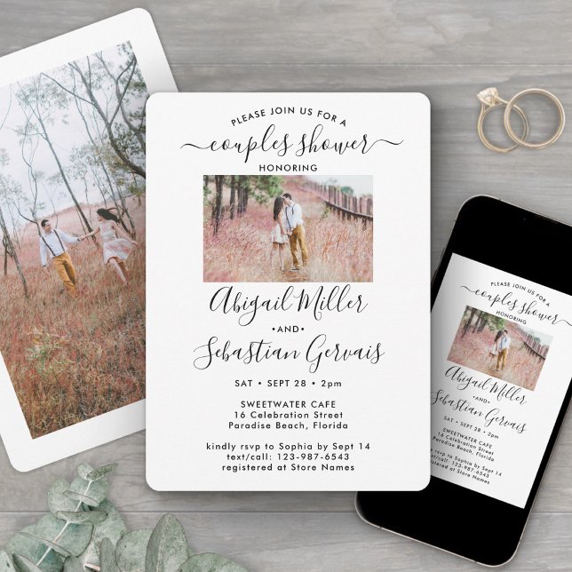 2 Photo Couples Wedding Shower Chic Modern Script Invitation (Creator Uploaded)