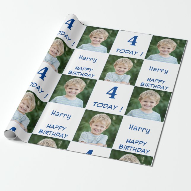 2 Photo Custom Happy Birthday Boy Wrapping Paper (Unrolled)