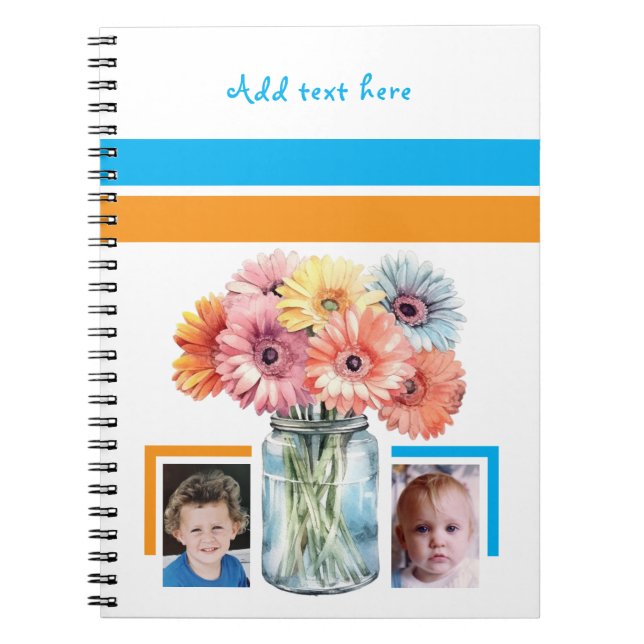 2 photo custom text flowers blue orange notebook (Front)