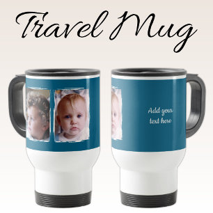 2 photo custom text white blue travel mug