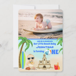 2 Photo Cute Boy Beach Baby Surfboard 1st Birthday Invitation