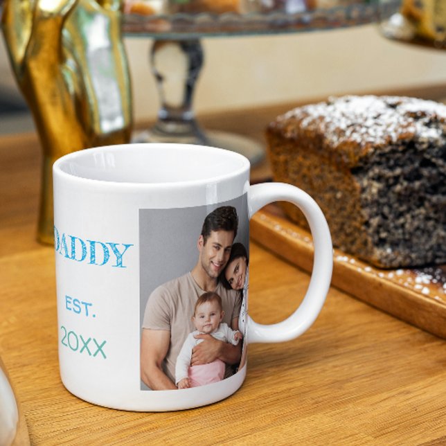 2 Photo Daddy Est Date Colour Fonts Typography Coffee Mug (Easily personalize this Daddy Est. mug with your photos and year for a unique Father's Day gift)