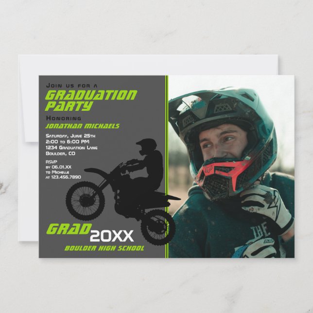 2 PHOTO Dirt Bike Motocross Green Grey Graduation Invitation (Front)
