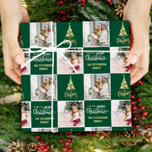 2 Photo Elegant Golden Green Merry Christmas Wrapping Paper