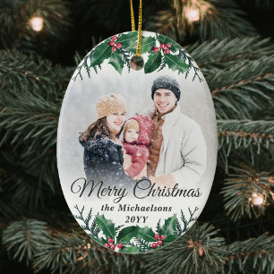 2 Photo Elegant Holly Greenery Merry Christmas Ceramic Tree Decoration