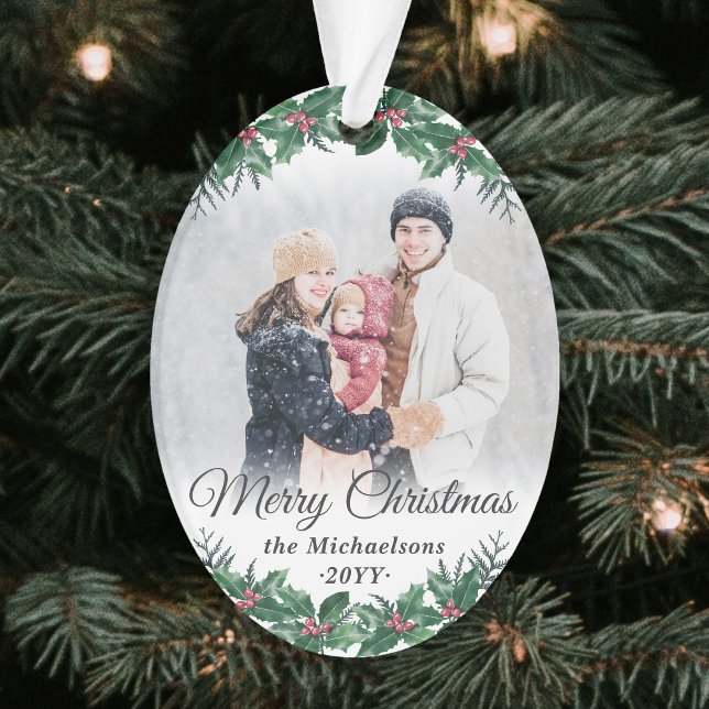 2 Photo Elegant Holly Greenery Merry Christmas Ornament (Creator Uploaded)