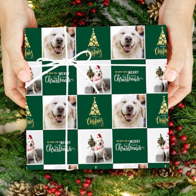 2 Photo Elegant Merry Christmas Gold Green Wrapping Paper (Creator Uploaded)