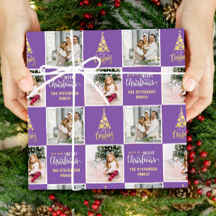 2 Photo Elegant Merry Christmas Gold Purple Wrapping Paper
