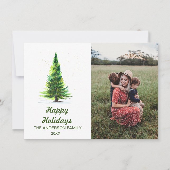 2 PHOTO Elegant Minimalist Christmas Tree Greeting Holiday Card (Front)