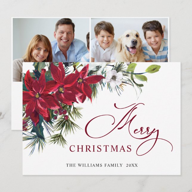 2 PHOTO Elegant Poinsettia Christmas Greeting Holiday Card (Front/Back)