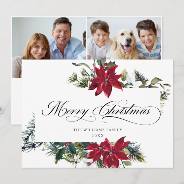 2 PHOTO Elegant Poinsettia Christmas Greeting Holiday Card (Front/Back)