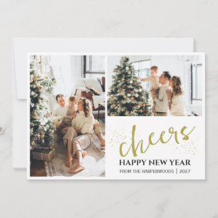2 Photo Elegant Script Modern Happy New Year Holiday Card