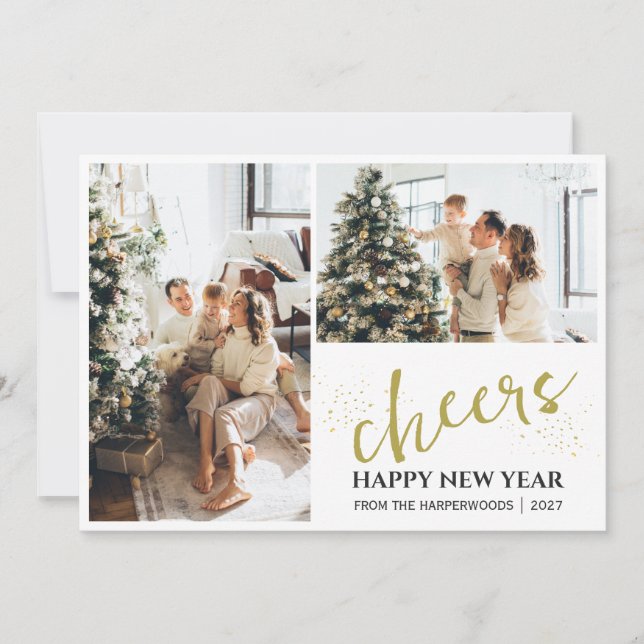 2 Photo Elegant Script Modern Happy New Year Holiday Card (Front)