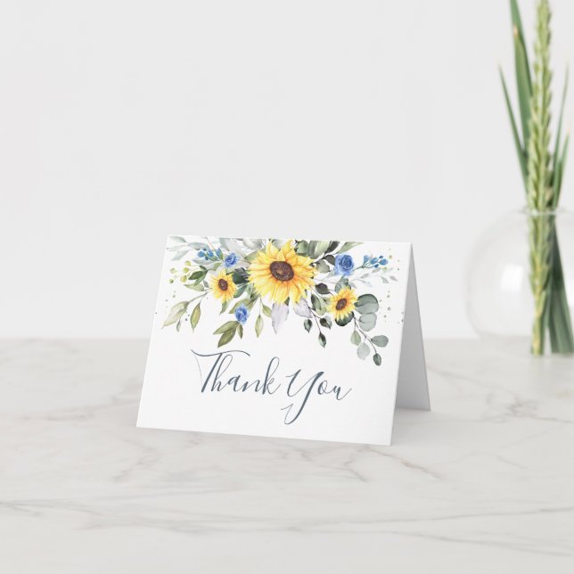 2 PHOTO Elegant Sunflowers Eucalyptus Wedding Thank You Card (Front)
