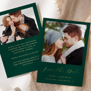 2-Photo Emerald Green Gold Script Save the Date