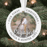 2 Photo Engagement 1st Christmas Black and White Ornament<br><div class="desc">Celebrate the joyful 1st holiday of your engagement with a custom 2 photo "Our First Christmas Engaged" round acrylic ornament. All text and images on this template are simple to personalise and can be different or the same on front and back. (IMAGE & TEXT DESIGN TIPS: 1) To adjust position...</div>