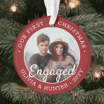 2 Photo Engagement 1st Christmas Elegant Red White Ornament<br><div class="desc">Celebrate the joyful 1st holiday of your engagement with a custom 2 photo "Our First Christmas Engaged" red and white round acrylic ornament. All text and images on this template are simple to personalise and can be different or the same on front and back. (IMAGE & TEXT DESIGN TIPS: 1)...</div>