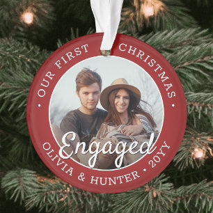2 Photo Engagement 1st Christmas Elegant Red White Ornament
