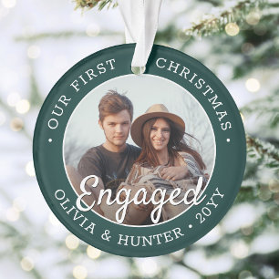 2 Photo Engagement 1st Christmas Green and White Ornament